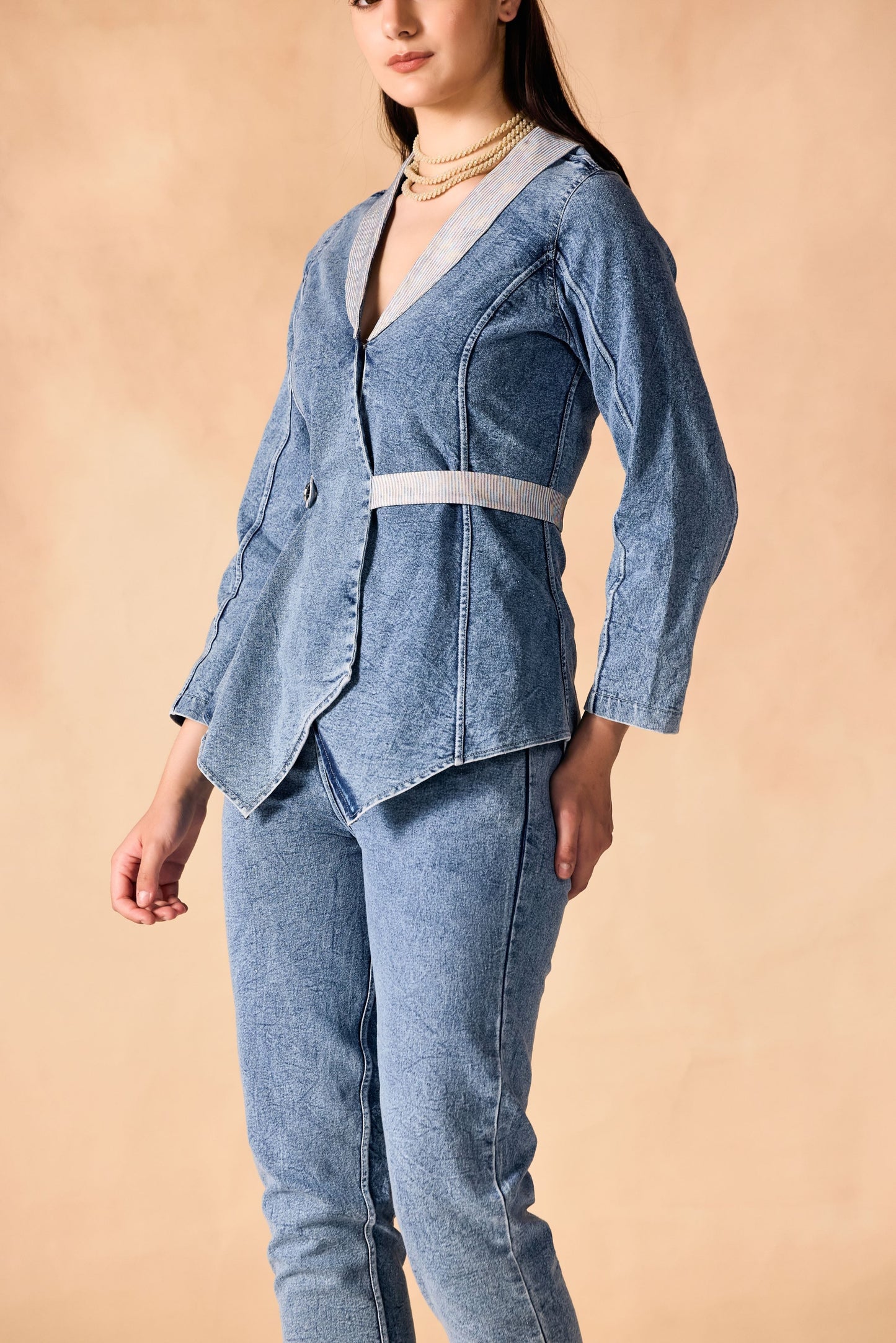 One Button Jacket & Pant Acid Washed Denim Co-Ord Set