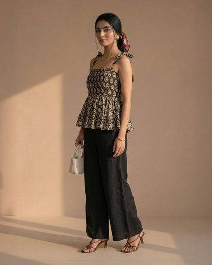 Black Floral Cotton Peplum Top