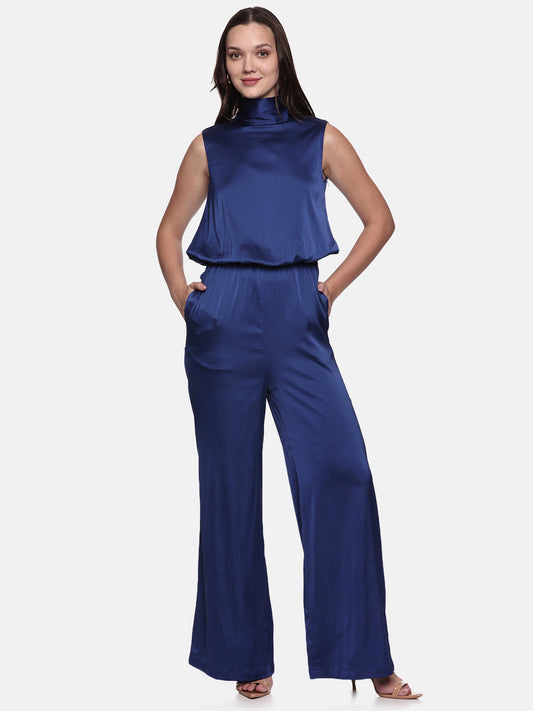 Backless blue halter neck jumpsuit