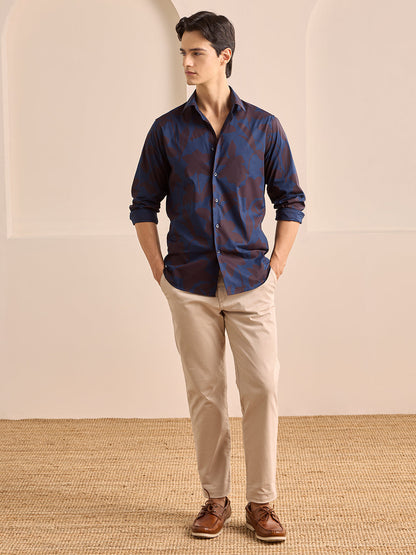 Navy Blue Regular Fit Printed Casual Poplin Shirt for Men (PISAL)