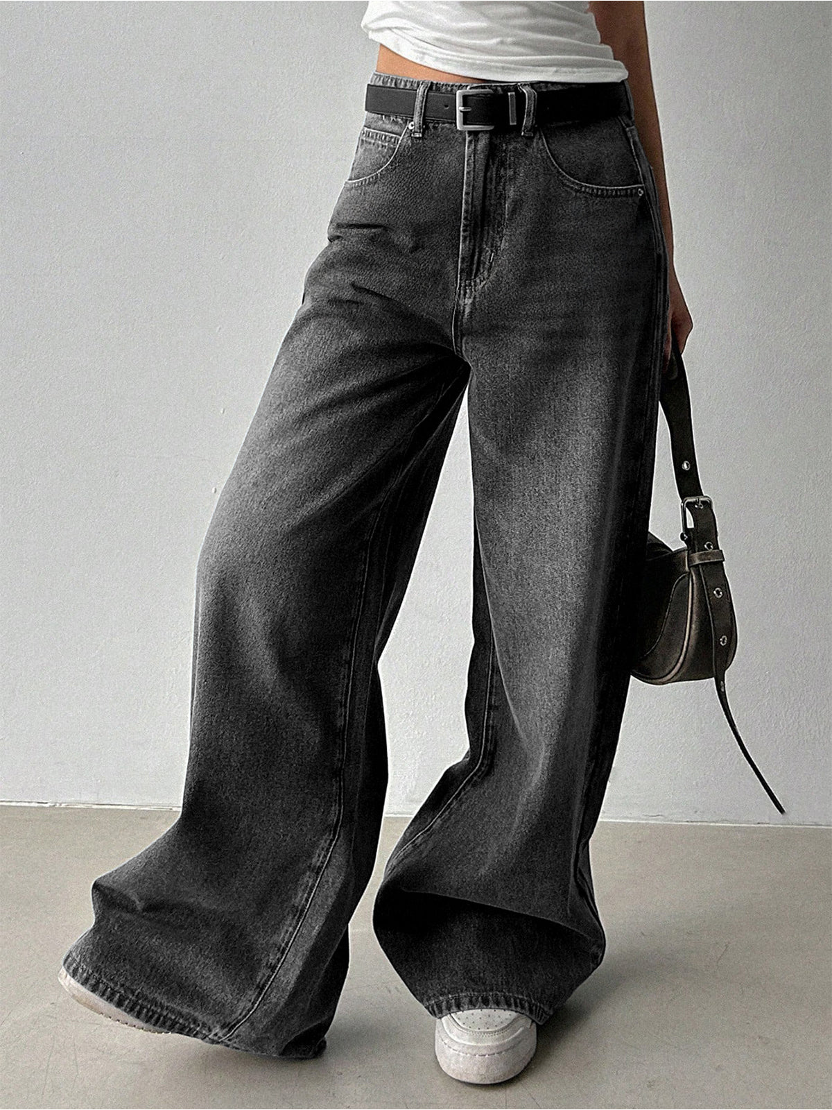 80'S Ash Grey Washed Super Wide Leg Jeans