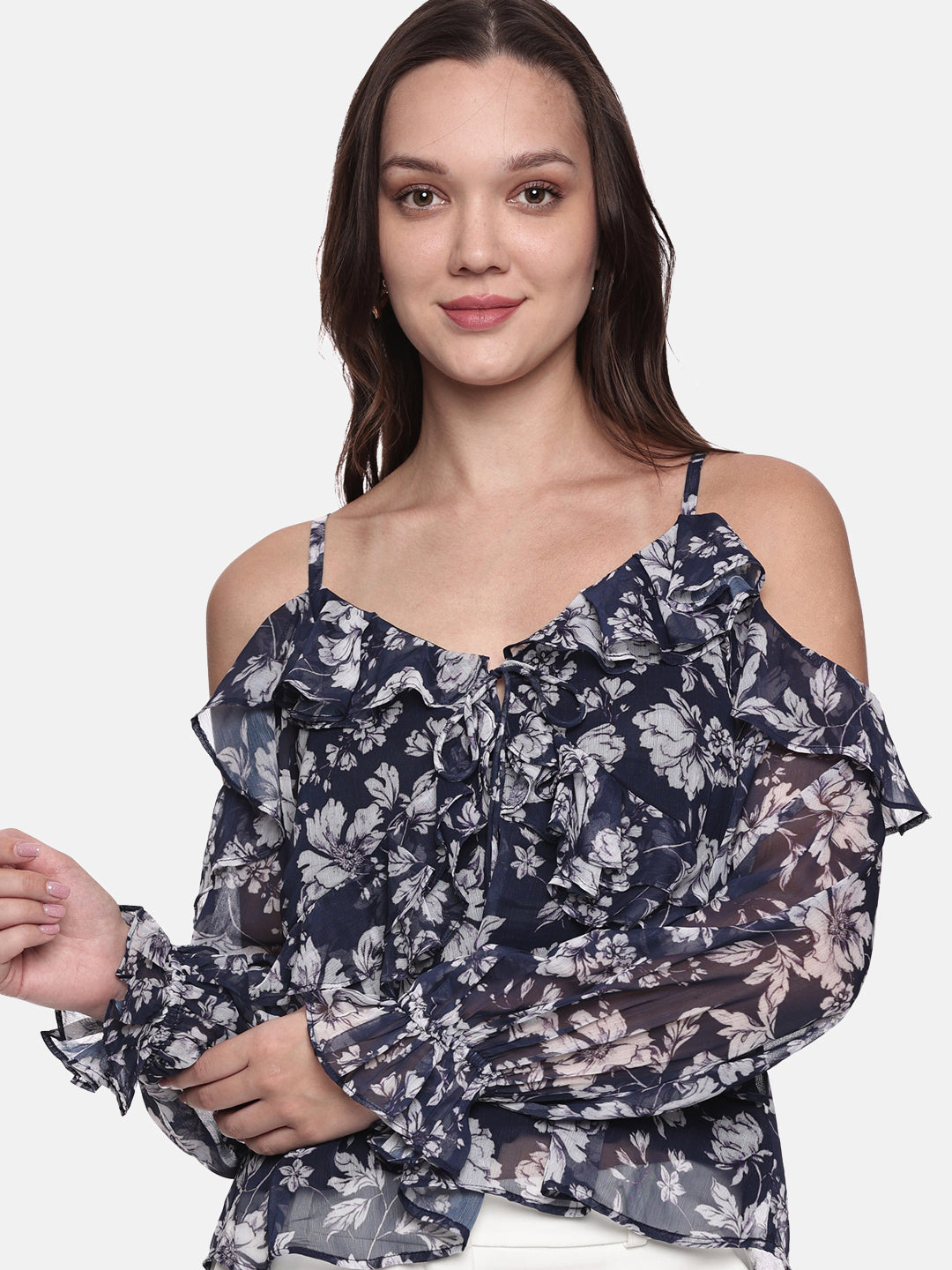 IS.U Floral Blue Cold Shoulder Top