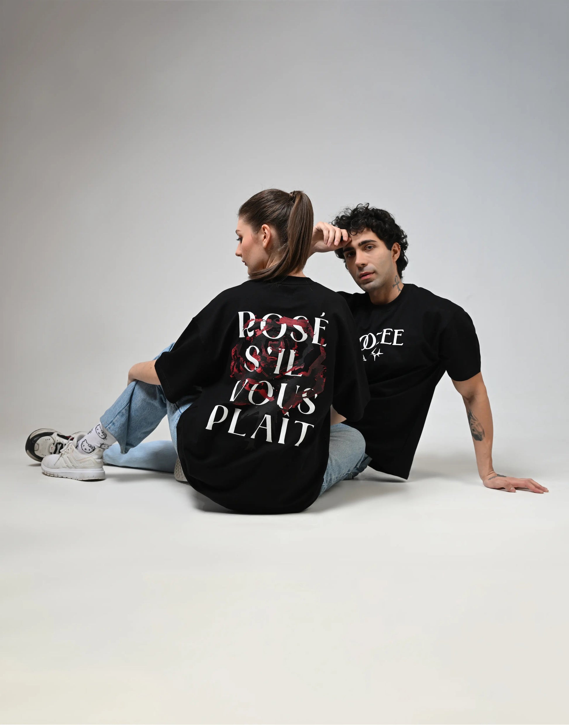 Rose S'il Vous Plait Printed Black T-Shirt Boozee