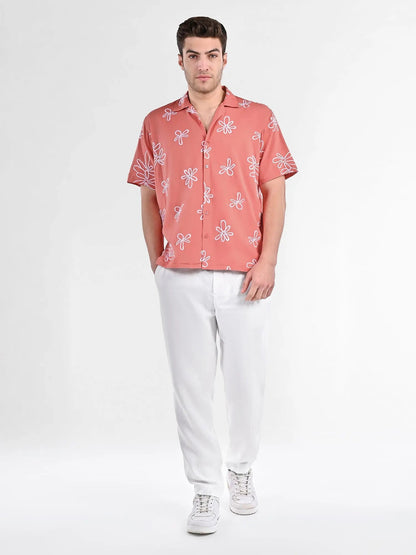 Men's Box-Fit Floral Embroidered Linen Coral Shirt Vellure