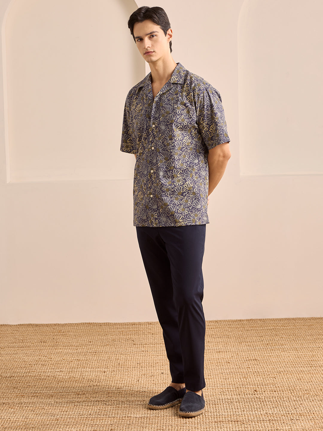 Navy Blue Regular Fit Printed Casual Cotton Shirt for Men (LUMAS)