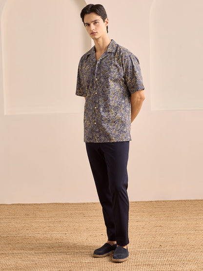 Navy Blue Regular Fit Printed Casual Cotton Shirt for Men (LUMAS)