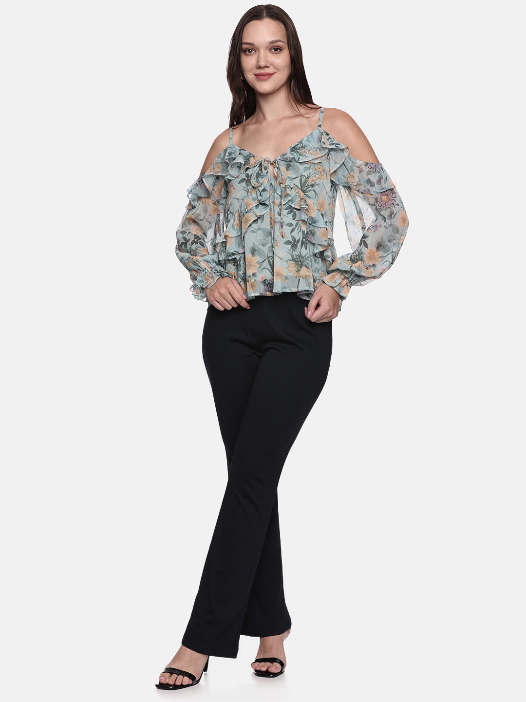 IS.U Floral Green Cold Shoulder Top