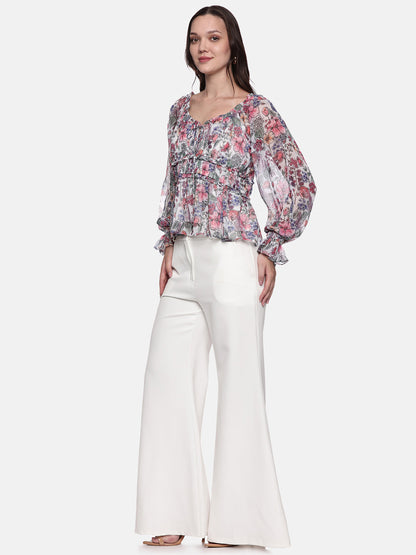 IS.U Multicolor Smocked Poet Sleeve Top