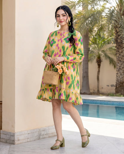 Pastel Yellow Tiered Ikat Dress