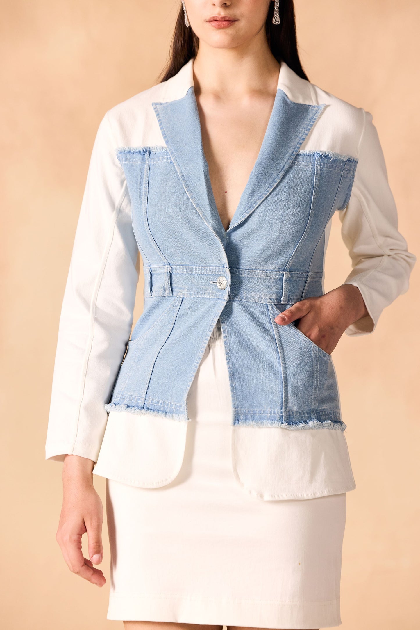 Panelled Denim & Twill Structured Jacket