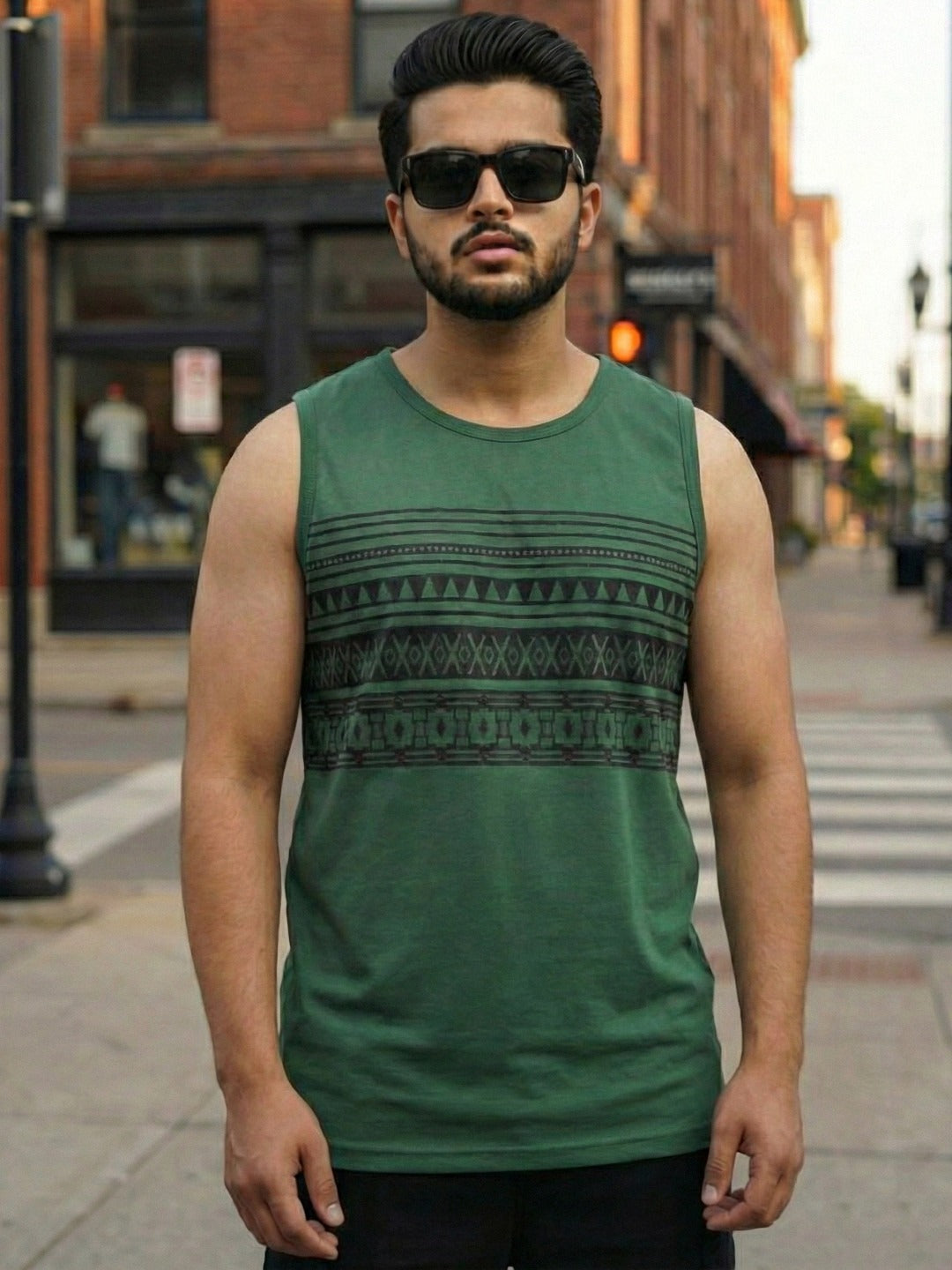 Men Round Neck Bottle Green Printed Cotton Sleeveless Training T-Shirt