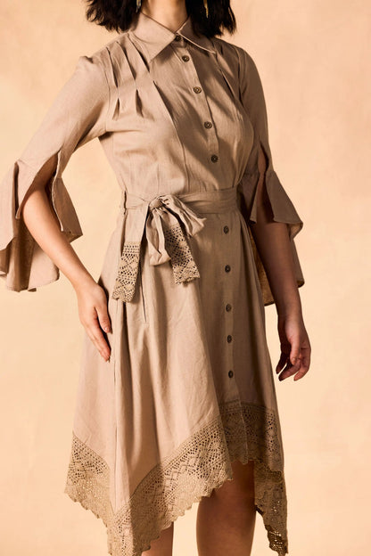 Handkerchief Hem Sash-Tie Belt Linen Shirtdress
