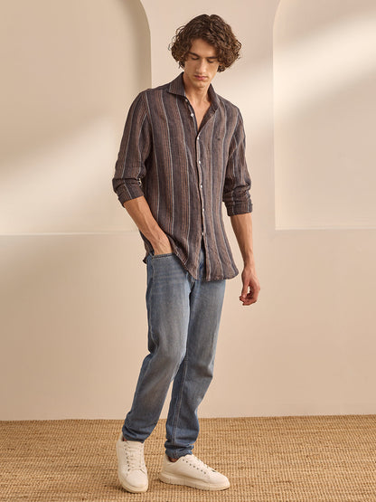 Brown Slim Fit Striped Casual Linen Shirt for Men