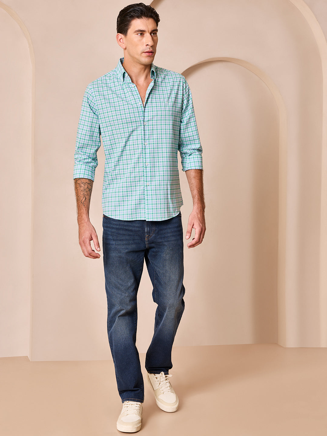 Green-Blue Regular Fit Checks Casual Shirt for Men (CALMA)