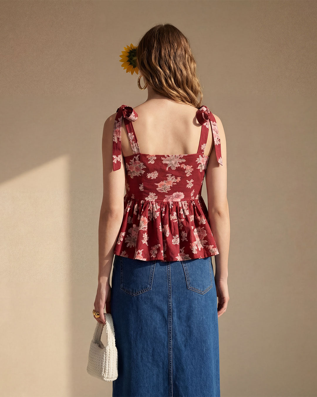 Red Floral Cotton Peplum Top