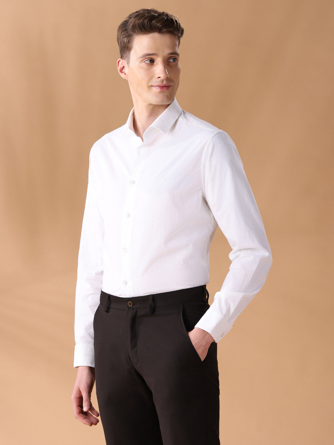 White Regular Fit Stripes Formal Shirt for Men (LEANA)