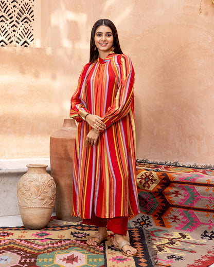 Red Striped Kurta Set