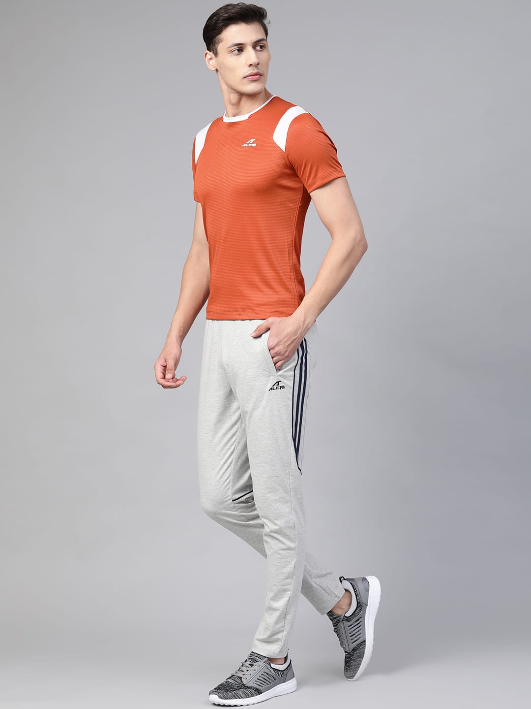 Alcis Men Rust Orange White Self-Checked Round Neck Running T-shirt