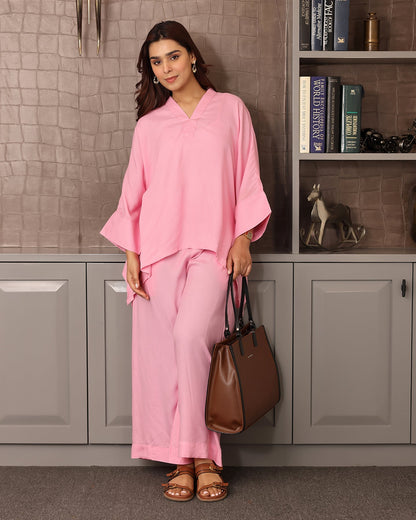 V-NECK BABY PINK CO-ORD SET
