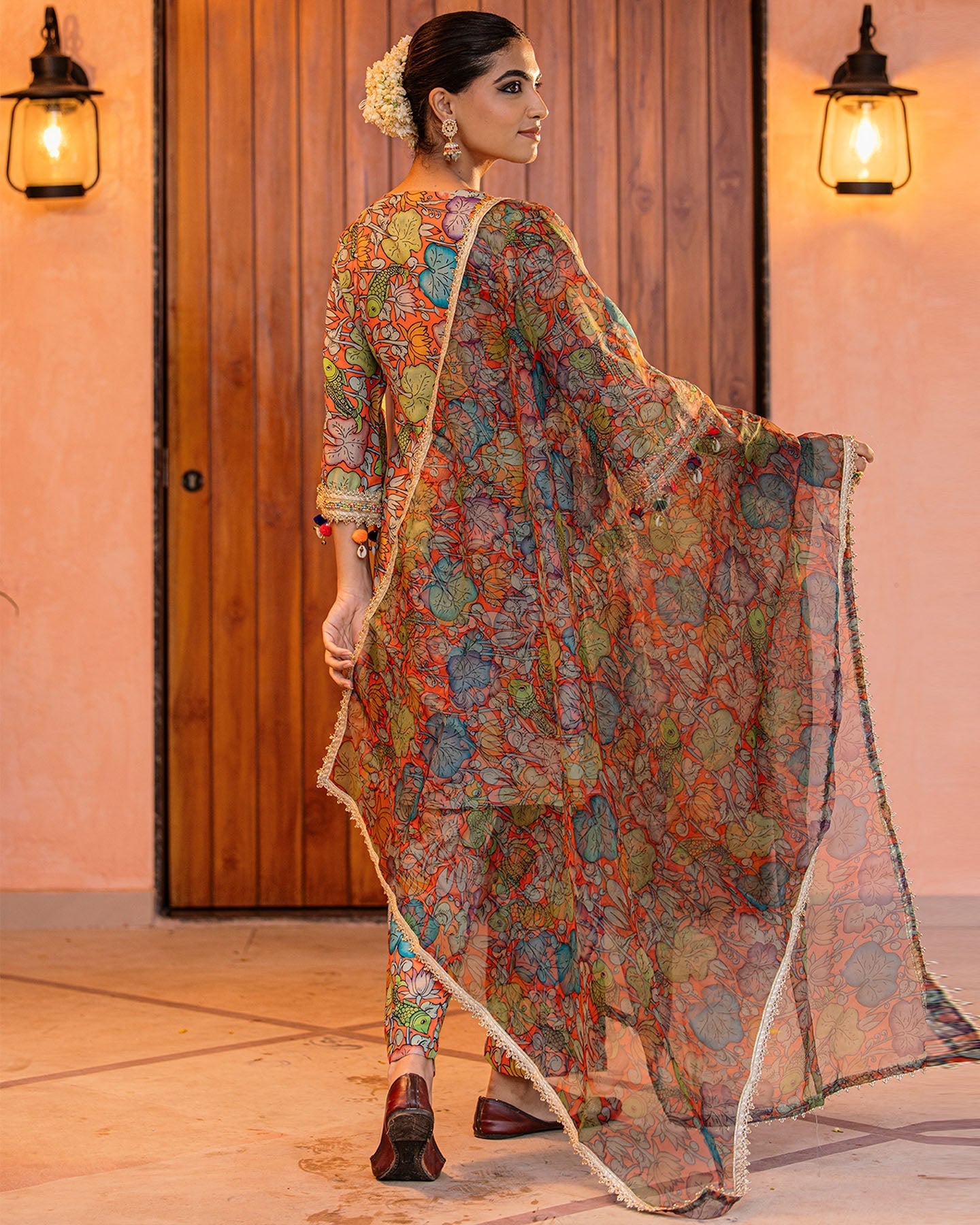 Orange Floral Muslin Suit Set