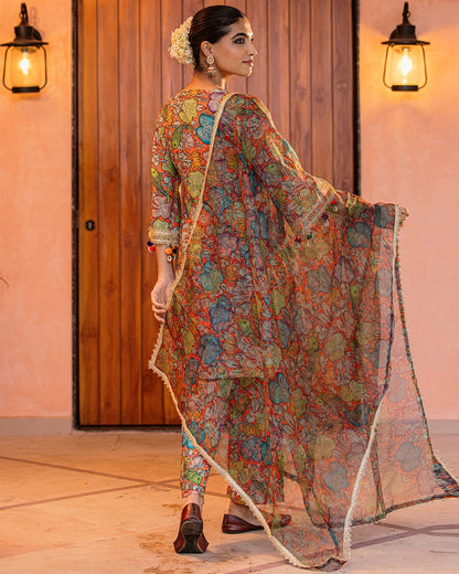Orange Floral Muslin Suit Set