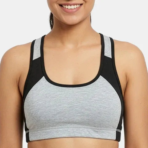 Padded non-wired full coverage sports bra for women in grey melange black