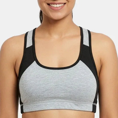 Padded non-wired full coverage sports bra for women in grey melange black