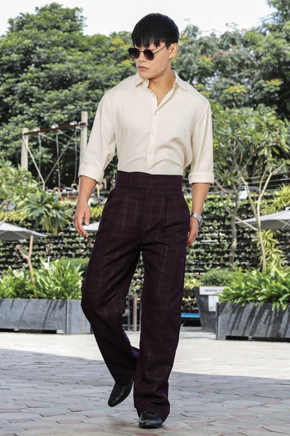 Wine Premium Tweed Blend  Gurkha Trousers with Double Pleated Front