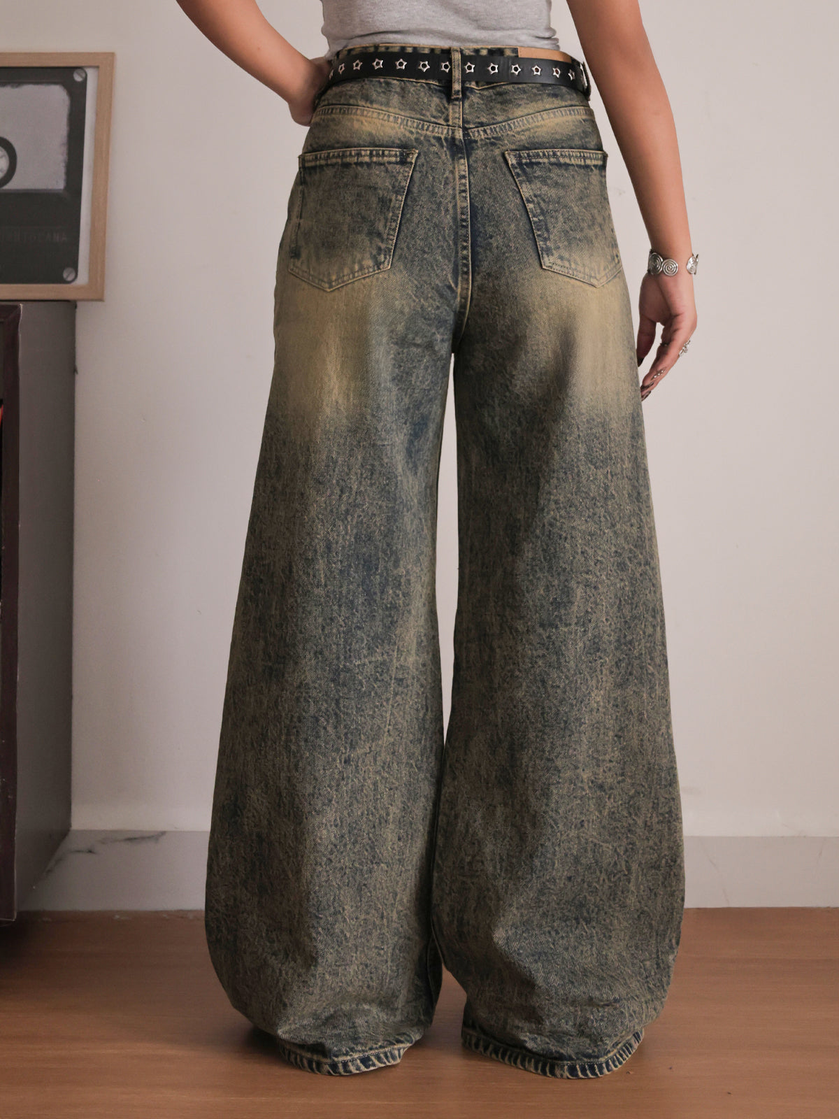 Mercury Blue Washed Panelled Wide Leg Jeans