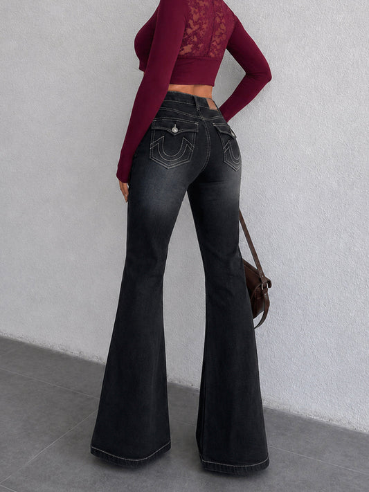 Retro Black Flap Pocket Y2K Bootcut Jeans