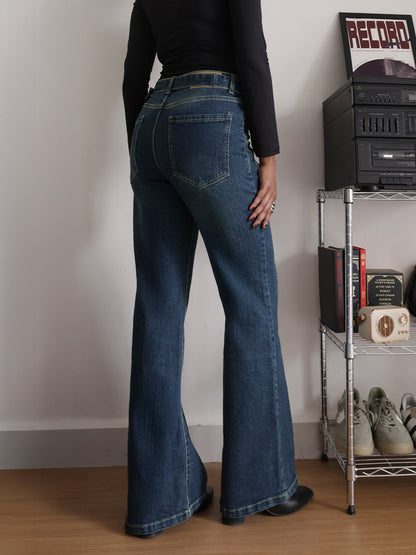 Midnight Ash Blue Belted Bootcut Jeans