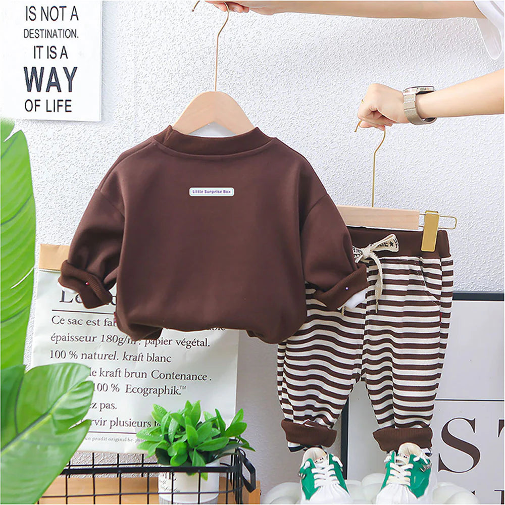2Pcs Set Brown Stripes Doggy Eye Patch Track Suit Set For Toddler And Kids