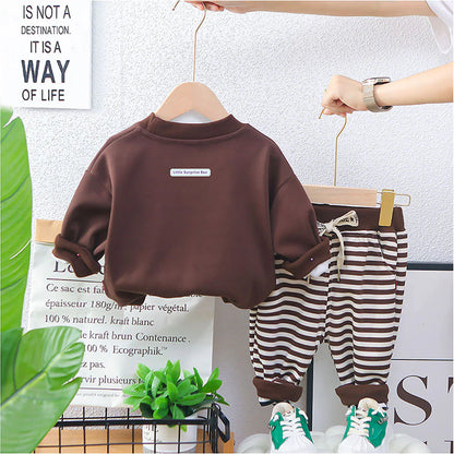 2Pcs Set Brown Stripes Doggy Eye Patch Track Suit Set For Toddler And Kids