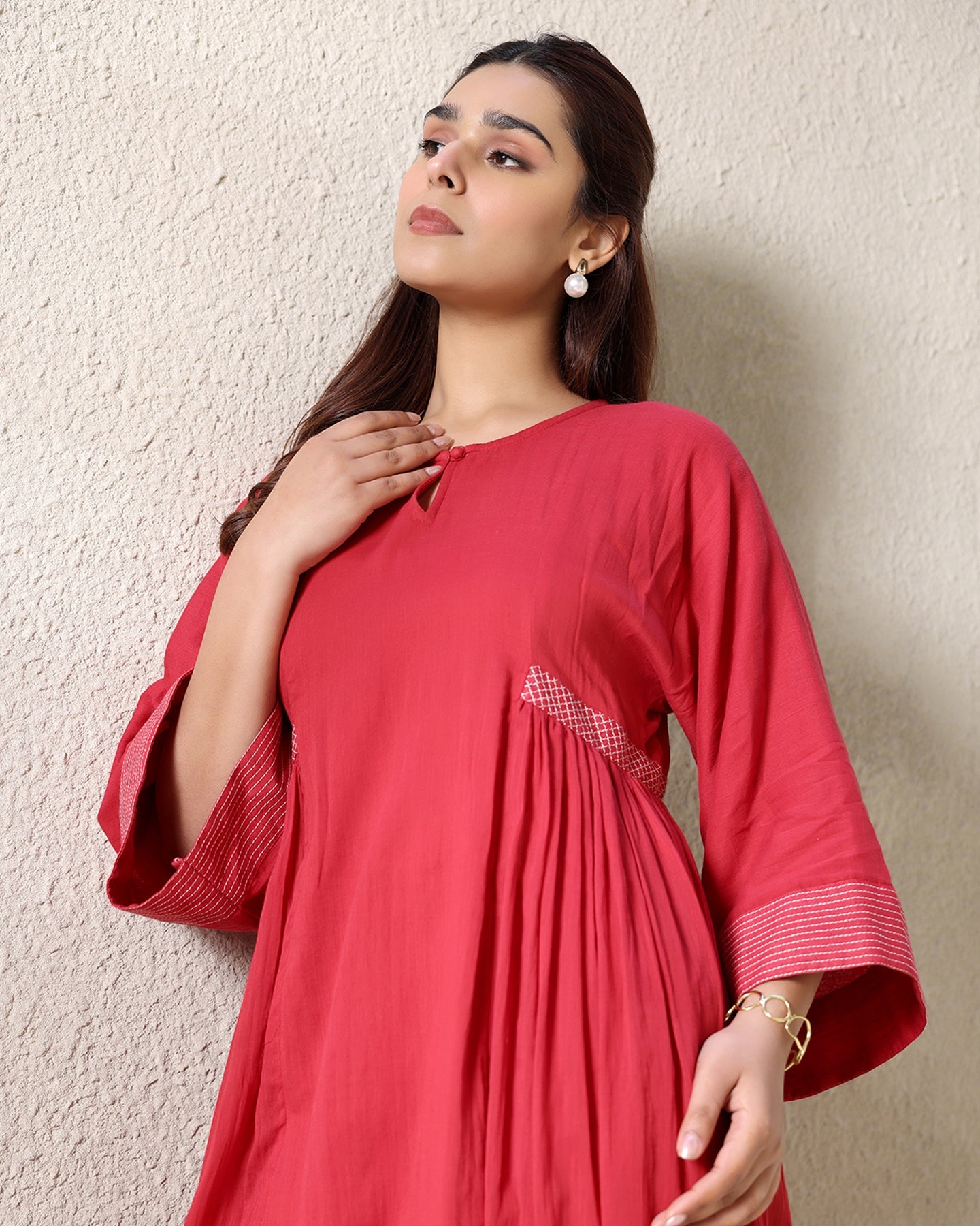 ROUND NECK A-LINE RED KURTA SET