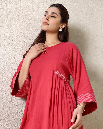 ROUND NECK A-LINE RED KURTA SET