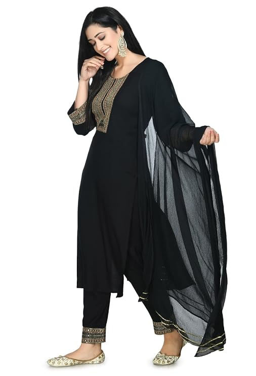 Women's Rayon Liboza Salwar Suit With Dupatta Black (Xxx-Large)