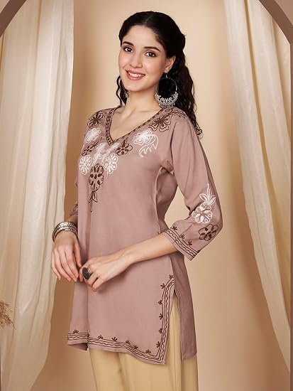 Embroidered Chikankari Kurti for Women - Chocolate 2