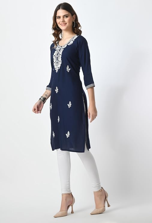 LIBOZA Kurta for Women – Embroidered Ladies Kurti, Stylish Girls Top, Ethnic Full Kurtas, Straight Design Kurtis for Woman Navy Blue