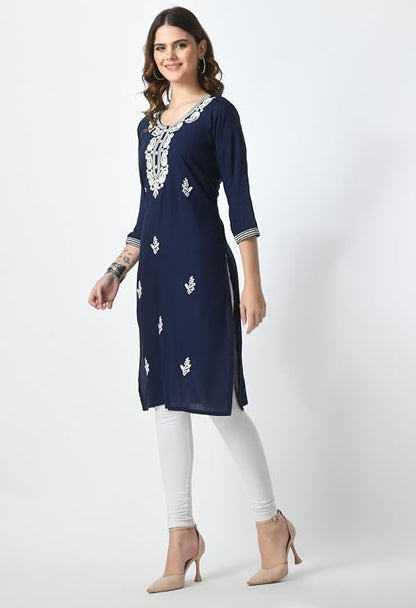 LIBOZA Kurta for Women – Lakhnowi Chikankari Embroidered Ladies Kurti, Stylish Girls Top, Ethnic Full Kurtas, Straight Design Kurtis for Woman