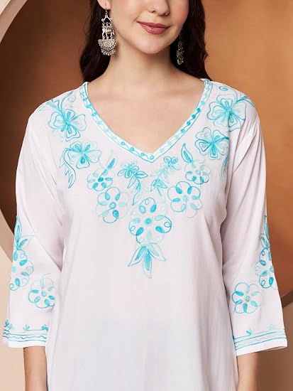 Embroidered Chikankari Kurti for Women - White Sky-Blue