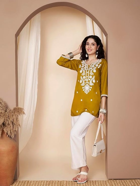 Short Kurti for Women for Jeans, Chikankari Kurtis for Ladies, Lakhnavi V- Neck Women's Tunic Design Kurta, Floral Kurtas & Tunics for Woman