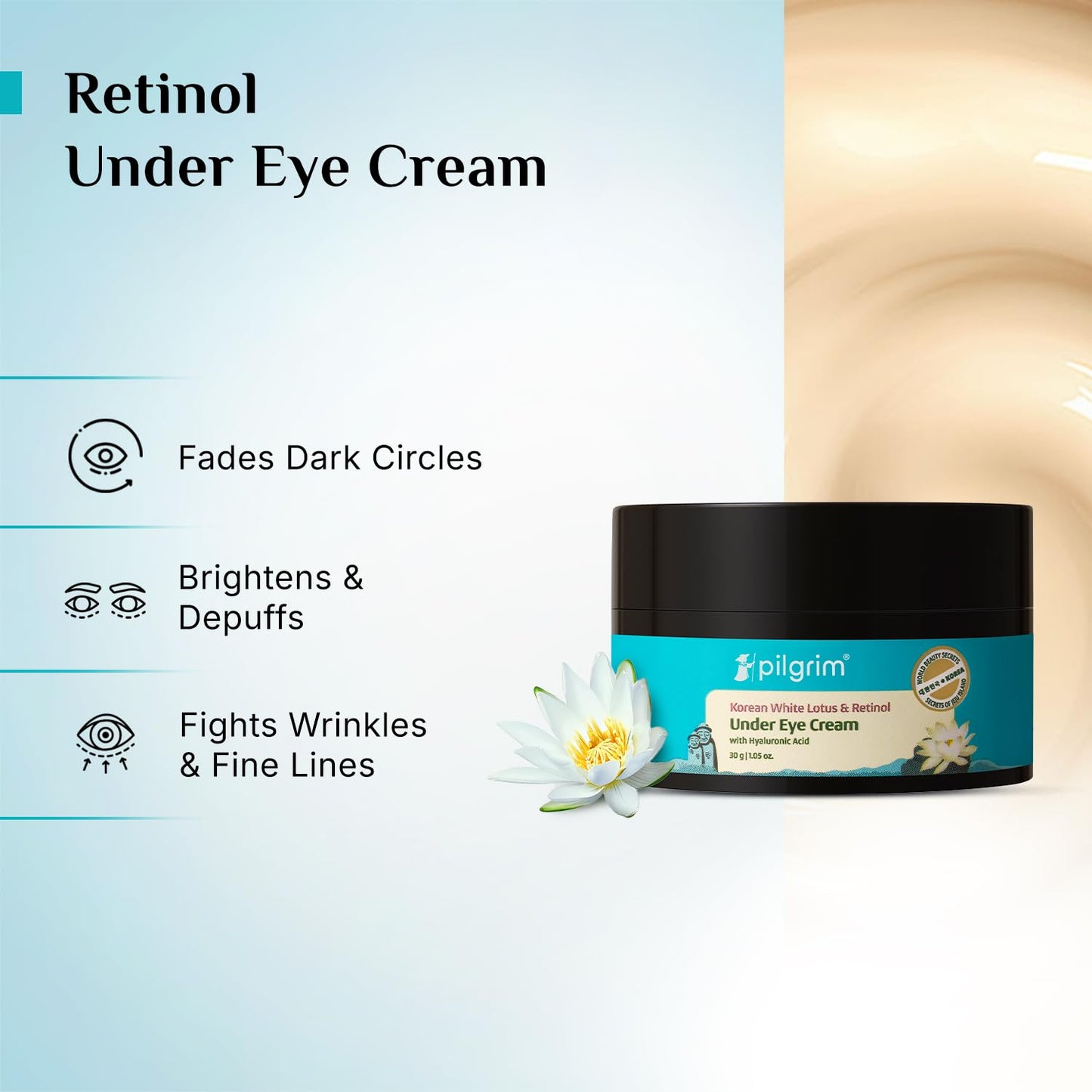 Pilgrim Retinol Under Eye Cream With Vitamin C & Hyaluronic Acid | For Dark Circle, Puffiness, Wrinkles Removal Of Fine Lines, Puffy Eyes All Skin Type Korean Beauty 30 GRAM