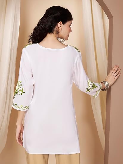 Embroidered Chikankari Kurti for Women - White Green