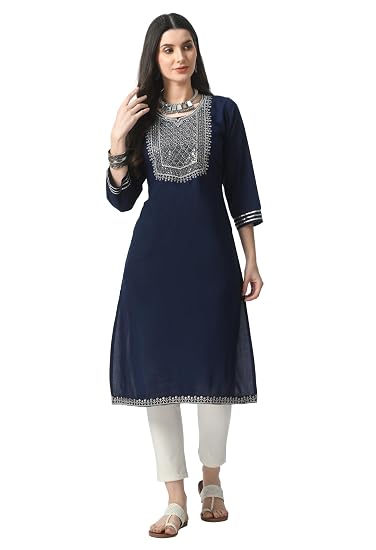 Embroidered Straight Design Kurtis for Woman-Navy Blue