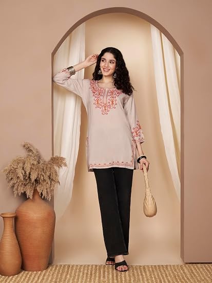 Embroidered Chikankari Kurti for Women - Beige3