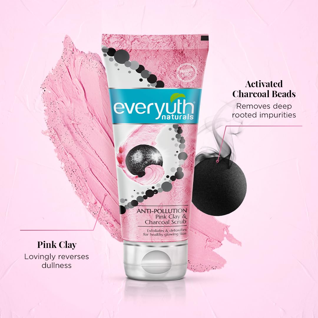Everyuth Naturals Anti-Pollution Face Scrub - Pink Clay & Charcoal, Exfoliates & Detoxifies (100g)
