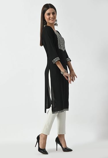 Embroidered Straight Design Kurtis for Woman-Black