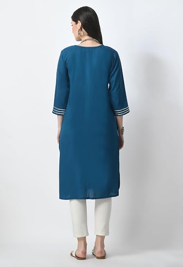 Embroidered Straight Design Kurtis for Woman-Petrol Blue