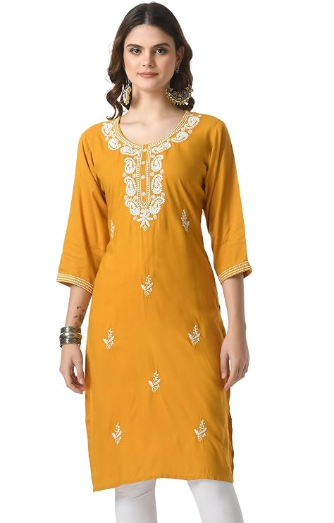 LIBOZA Kurta for Women – Lakhnowi Chikankari Embroidered Ladies Kurti, Stylish Girls Top, Ethnic Full Kurtas, Straight Design Kurtis for Woman