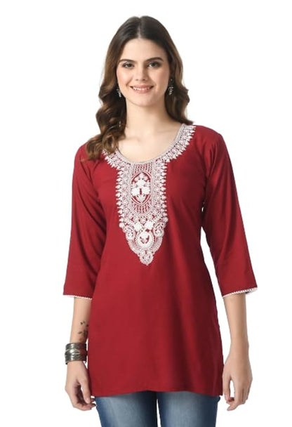 LIBOZA Women Short Regular Fit Kurti Lakhnowi Chikankari Embroidered Ladies Rayon Kurta, Stylish Top, Large,Red